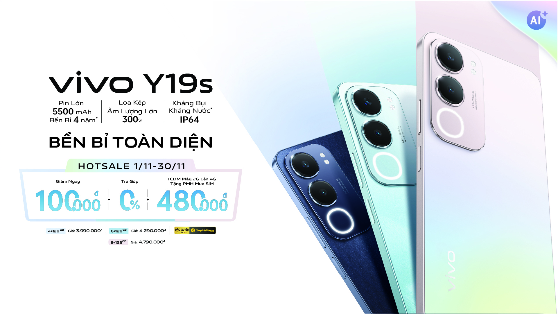 Hotsale mở bán Vivo Y19s series: Giảm ngay 100K, tặng voucher 480K mua SIM 4G, trả góp 0%