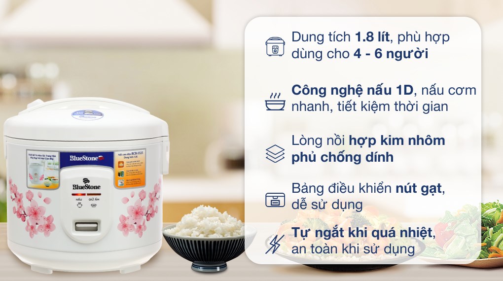 Nồi cơm điện Bluestone 1.8L, lòng nồi chống dính, kèm xửng hấp và muỗng