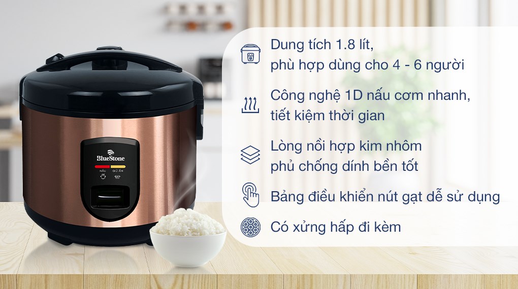Nồi cơm điện Bluestone 1.8L RCB-5520 nấu nhanh, lòng nồi chống dính, kèm xửng hấp