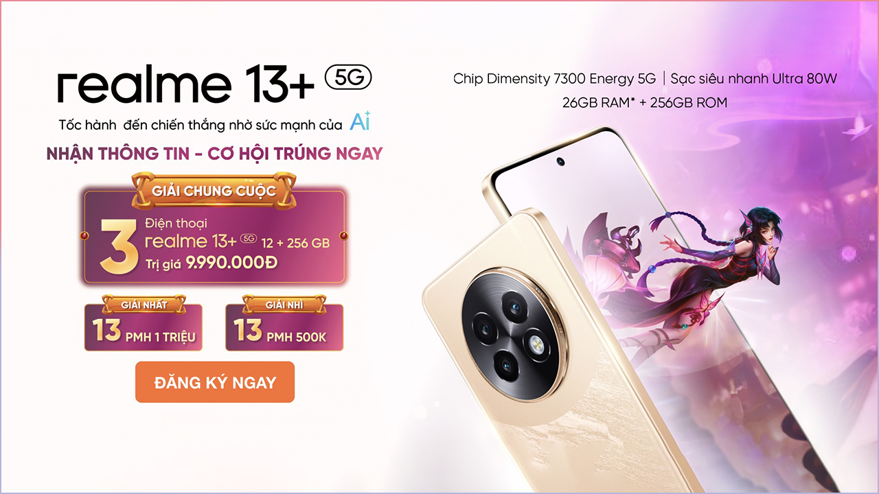 Hotsale mở bán realme 13+ 5G, tặng PMH 200K, hỗ trợ góp 0% và bảo hành sản phẩm đến 2 năm
