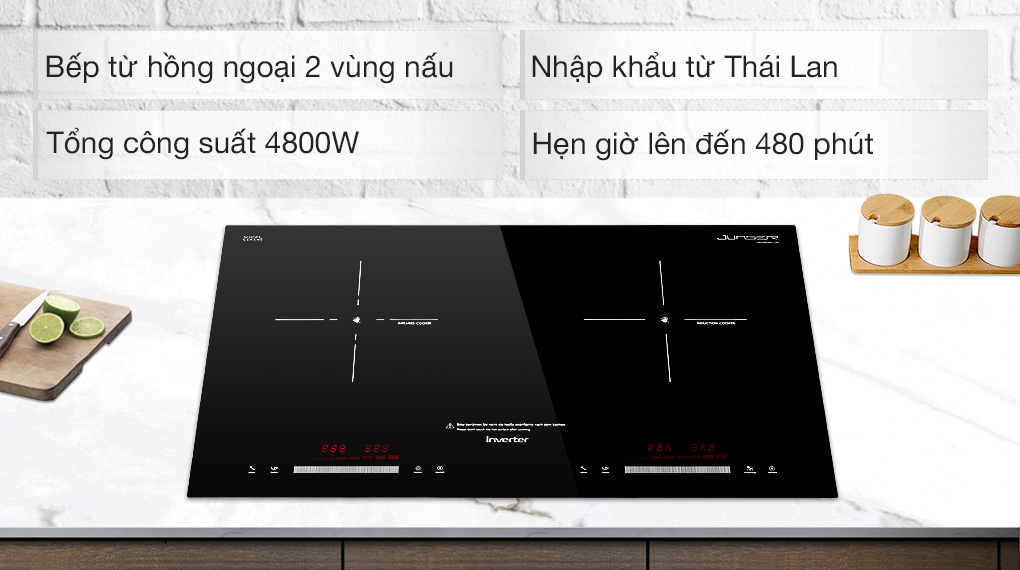 Bếp từ hồng ngoại Junger SIS-68 mặt kính Schott Ceran, 2 vùng nấu, bảng điều khiển cảm ứng trượt