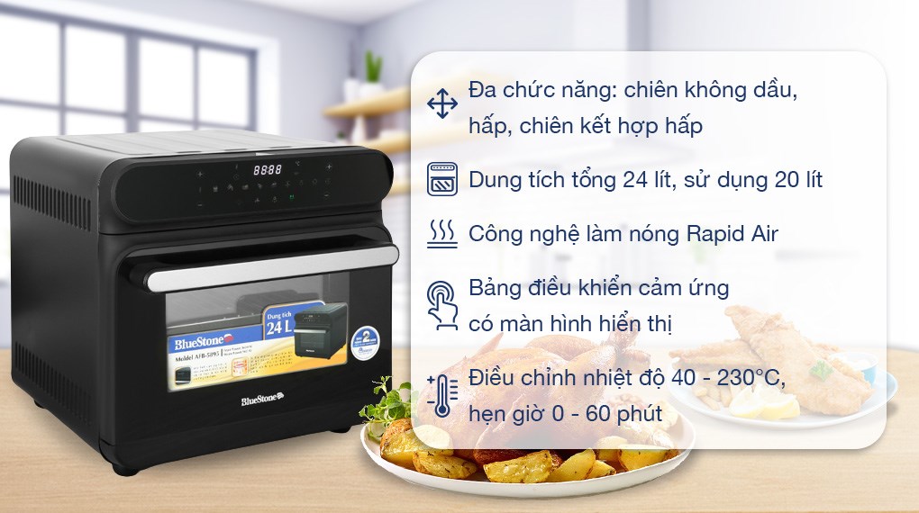 Lò chiên không dầu hơi nước Bluestone AFB-5895 dung tích 24 lít, tích hợp chức năng hấp và chiên