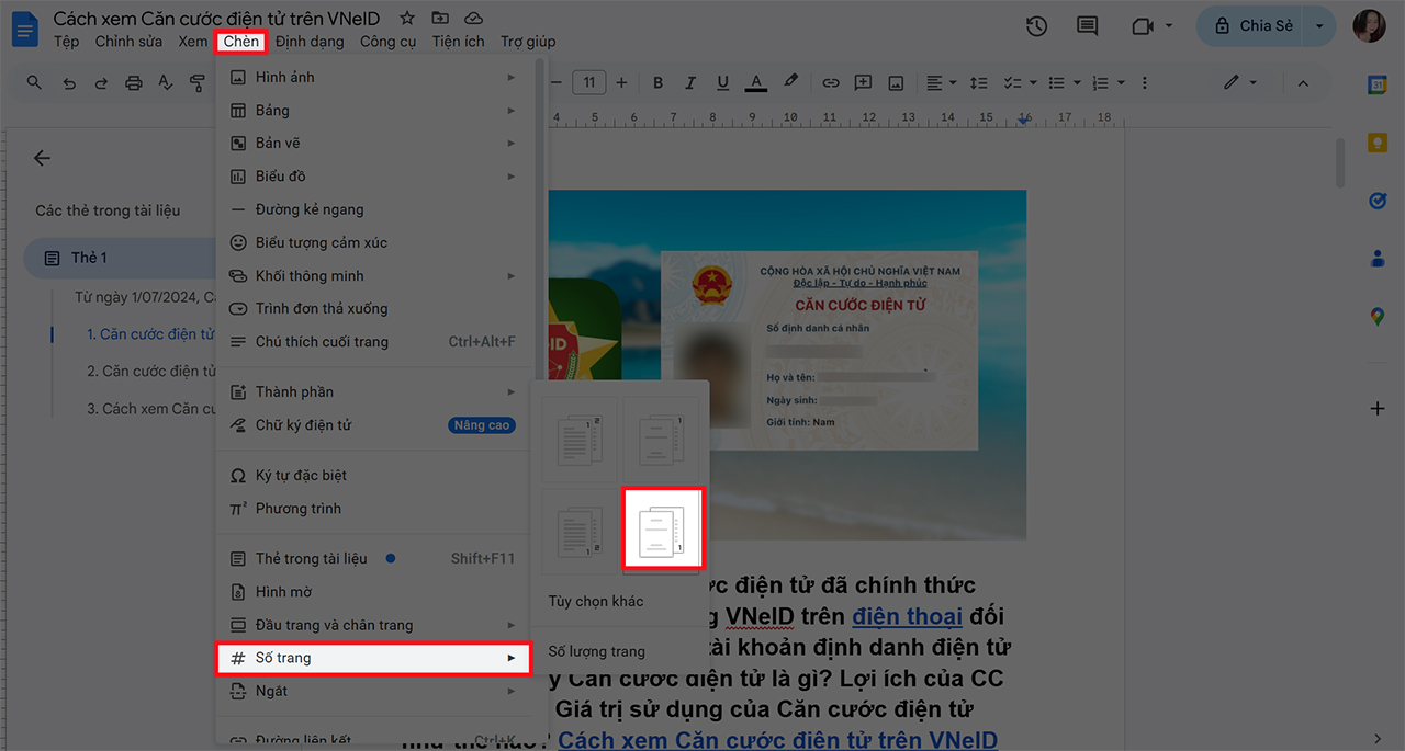 Cách đánh số trang từ trang 2 trong Google Docs