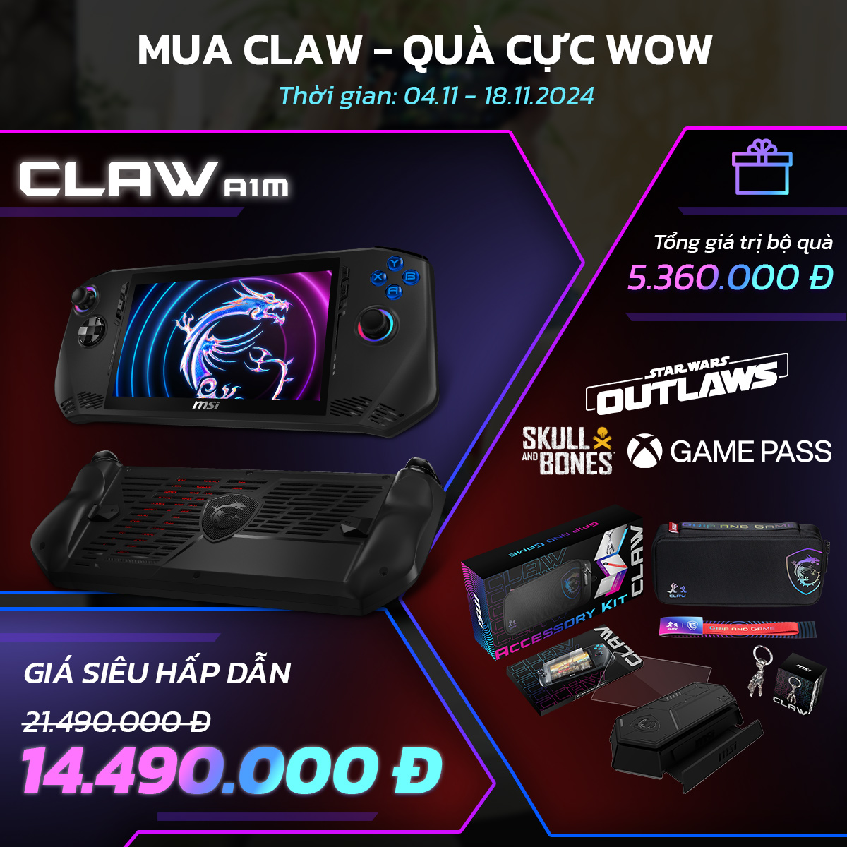 Nhận combo quà hấp dẫn gồm 5 món khi mua Máy chơi game cầm tay MSI Claw Nhận combo quà hấp dẫn gồm 5 món khi mua Máy chơi game cầm tay MSI Claw