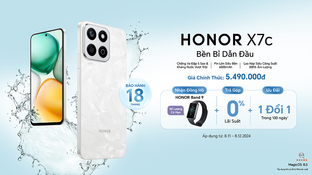 Hotsale HONOR X7C: Tặng vòng tay HONOR Band 9, thêm 5 tháng bảo hành, trả góp 0%