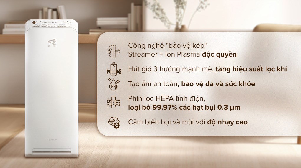 Máy lọc không khí Daikin MCK55TVM6 58W sang trọng, lọc sạch nhanh và hiệu quả không khí với nhiều công nghệ hiện đại