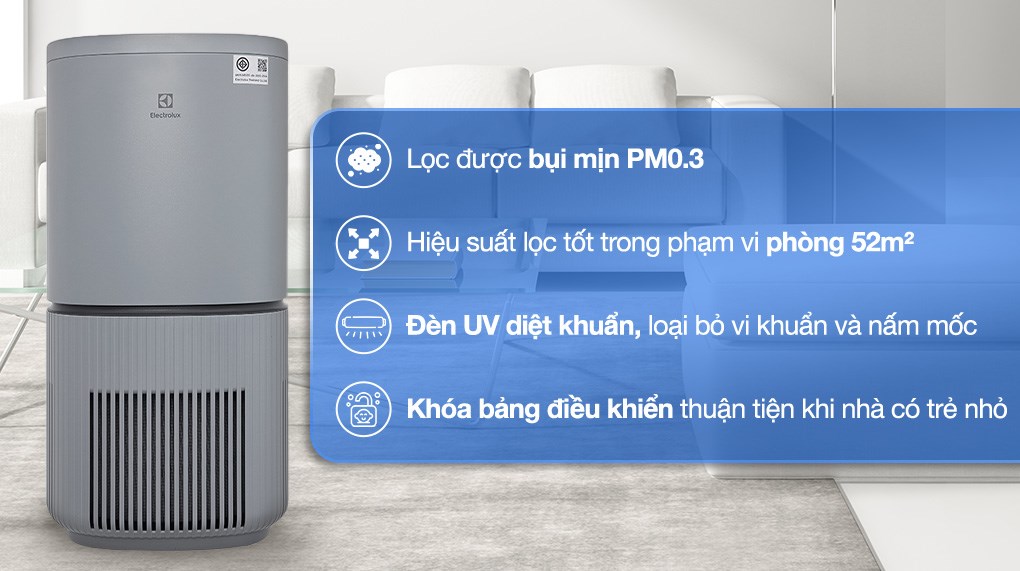 Máy lọc không khí Electrolux EP53-46UGA 40W thiết kế hình trụ sang trọng, lọc không khí hiệu quả diện tích lớn