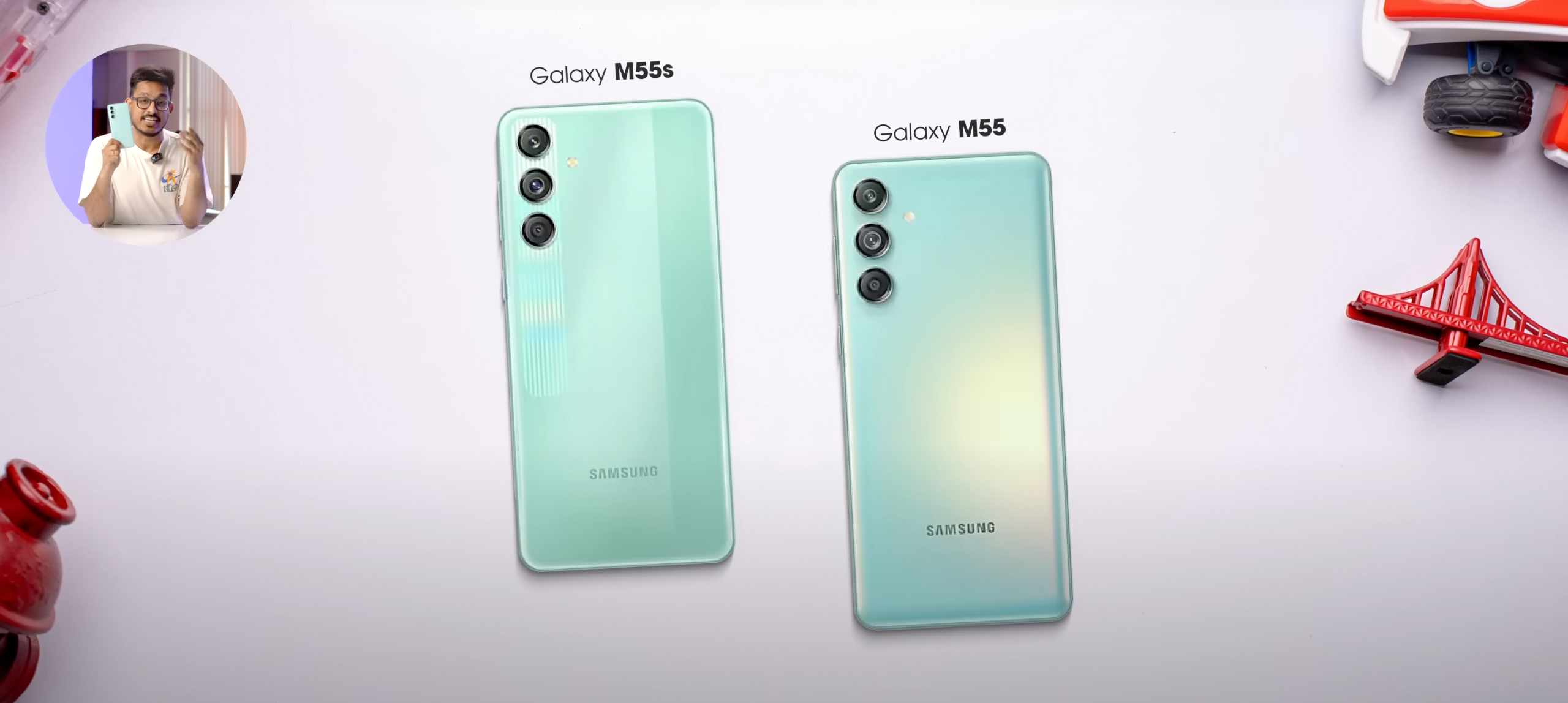 Sự khác biệt giữa Galaxy M55s (trái) và Galaxy M55 (phải) nằm ở thiết kế mặt lưng. Nguồn: Beebom.