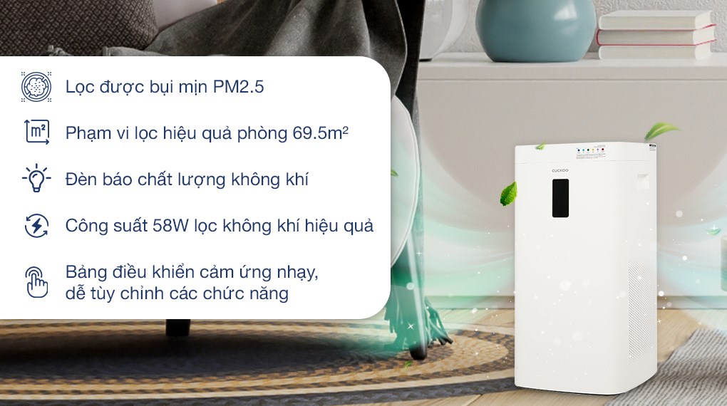 Máy lọc không khí Cuckoo CAC-H2110FW với 3 mức độ lọc, lọc được bụi mịn PM2.5 
