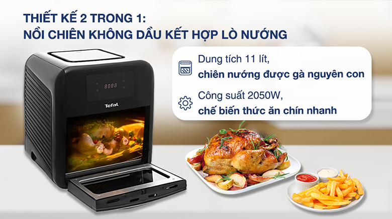 Lò chiên không dầu Tefal FW501815 dung tích 11 lít, thiết kế dạng lò, cửa kính trong suốt, bảng điều khiển cảm ứng