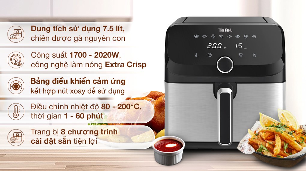 Nồi chiên không dầu Tefal EY855D68 dung tích 7.5 lít, inox hiện đại, bảng điều khiển cảm ứng và nút xoay