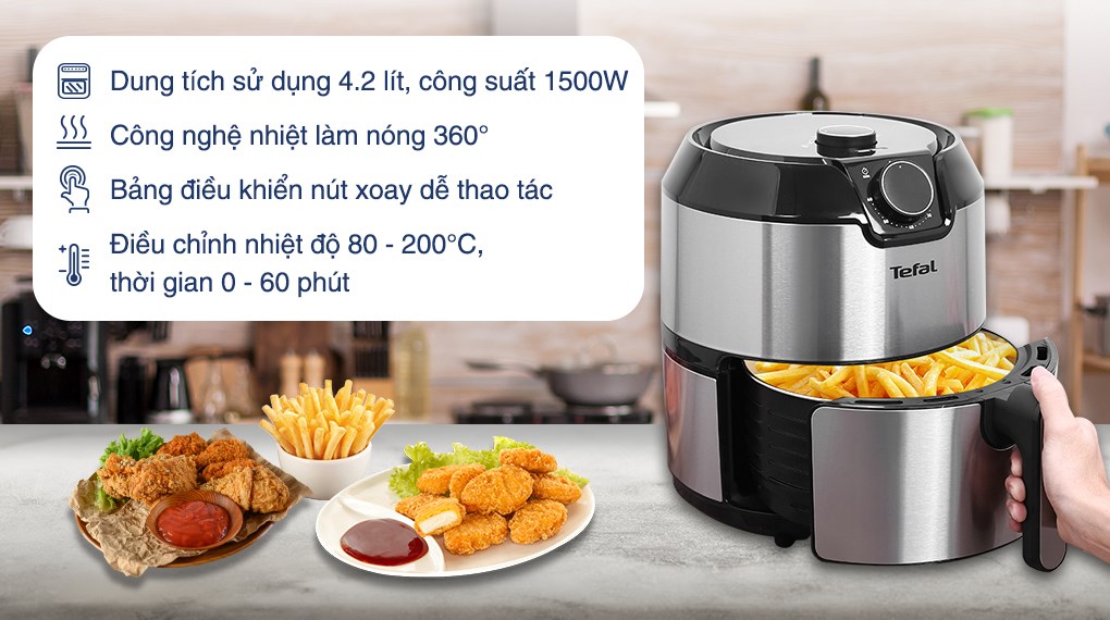 Nồi chiên không dầu Tefal EY201D15 dung tích 4.2 lít, vỏ thép không gỉ sáng bóng, thiết kế nhỏ gọn