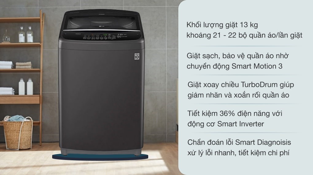 Máy giặt LG TurboWash3D Inverter 13 kg T2313VSAB thiết kế sang trọng, giặt quần áo sạch nhanh và tiện lợi