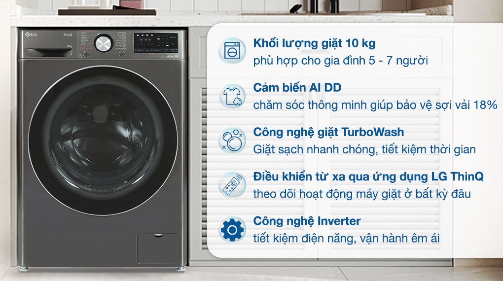 Máy giặt LG AI DD Inverter 10 kg FV1410S4B thiết kế cửa ngang sang trọng, giặt sạch nhanh chóng, đa tính năng thông minh