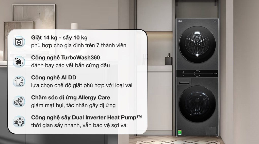 Tháp giặt sấy LG WashTower Inverter giặt 14 kg - sấy 10 kg WT1410NHB giặt và sấy quần áo thông minh, tiện lợi với nhiều công nghệ hiện đại 