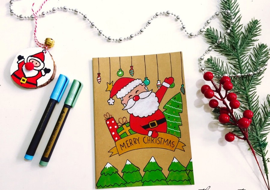 Mẫu vẽ trang trí thiệp Giáng sinh hình ông già noel