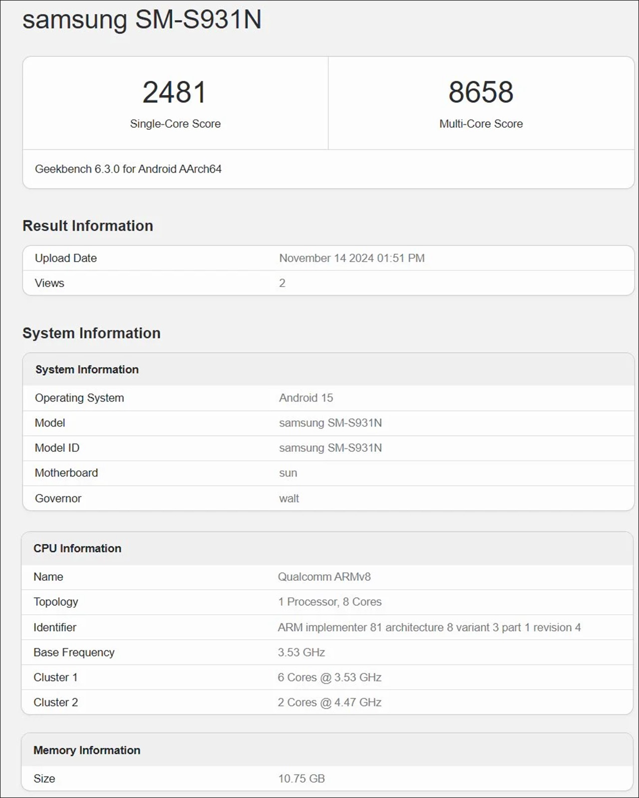 Danh sách Geekbench cho thấy Galaxy S25 tiêu chuẩn sẽ có dung lượng RAM 12 GB 