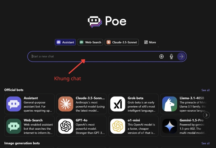Giao diện khung chat của Poe AI