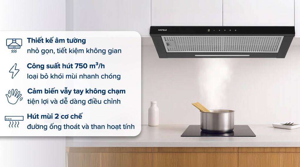 Máy hút mùi âm tủ Hafele HC-H7032TB (538.86.098) kiểu dáng âm tủ gọn gàng, mặt kính đen sang trọng, công suất hút mạnh 750 m³/h