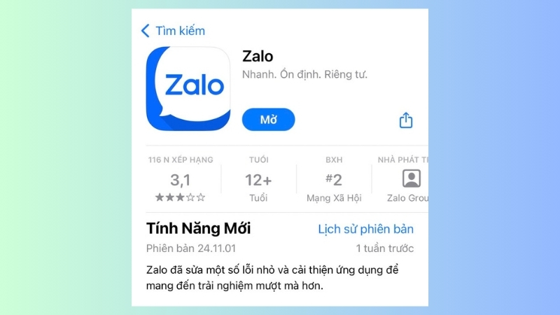 Cập nhật ứng dụng Zalo