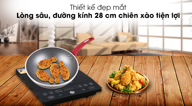 Chảo chống dính Kangaroo KG655M 28 cm lòng sâu, bề mặt phủ chống dính vân đá, tay cầm đỏ dài chống nóng