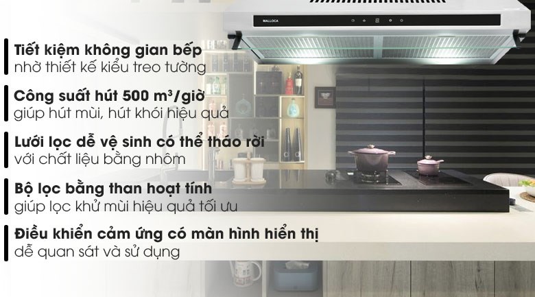 Máy hút mùi áp tường Malloca H342.7 TC sang trọng và bền bỉ, mang đến không gian bếp trong lành