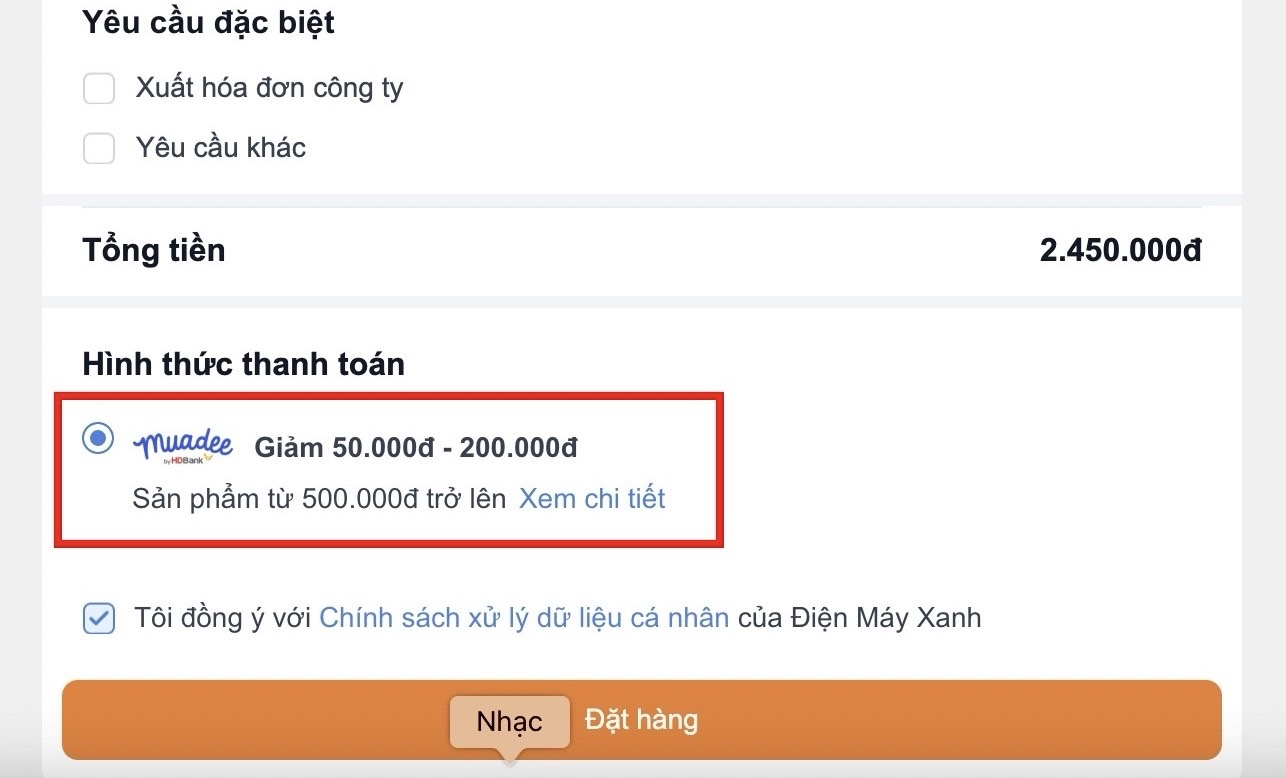 Bước 3: Nhập th&ocirc;ng tin v&agrave; x&aacute;c nhận Thanh to&aacute;n qua Muadee by HDBank.