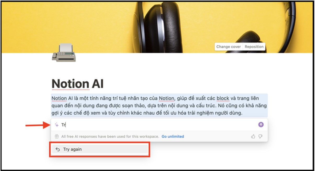 Trường hợp Notion AI viết nội dung chưa đúng với mong muốn của bạn, bạn có thể nhấn chọn vào mục Trường hợp Notion AI viết nội dung chưa đúng với mong muốn của bạn, bạn có thể nhấn chọn vào mục