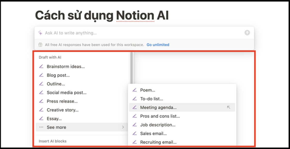 Hộp thoại Notion AI sẽ hiện ra Hộp thoại Notion AI sẽ hiện ra