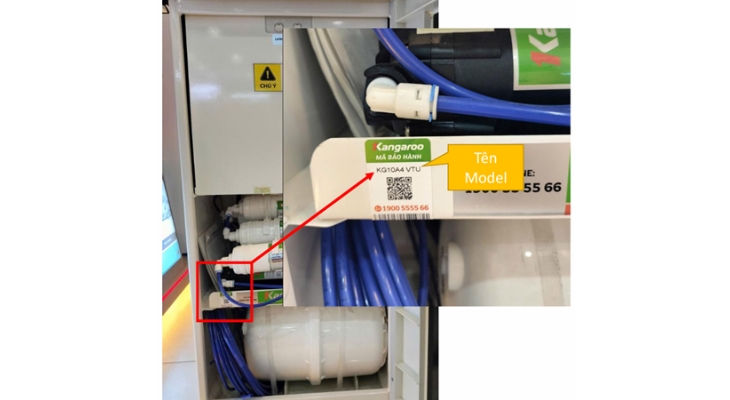 Kangaroo - Bên trong sản phẩm, vị trí tem IMEI trên kệ đỡ lõi lọc