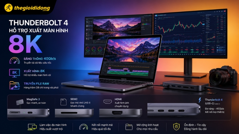 Cổng Thunderbolt 4 trên MacBook Pro hỗ trợ xuất màn hình 8K Cổng Thunderbolt 4 trên MacBook Pro hỗ trợ xuất màn hình 8K