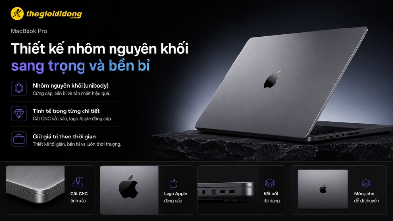 Thiết kế MacBook Pro nhôm sang trọng, mỏng nhẹ Thiết kế MacBook Pro nhôm sang trọng, mỏng nhẹ