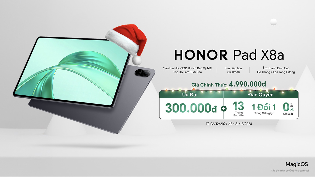 Hotsale mở bán HONOR Pad X8a: Giảm liền 300K, học sinh sinh viên hoặc giáo viên được giảm thêm 100K, hỗ trợ trả chậm 0% lãi suất