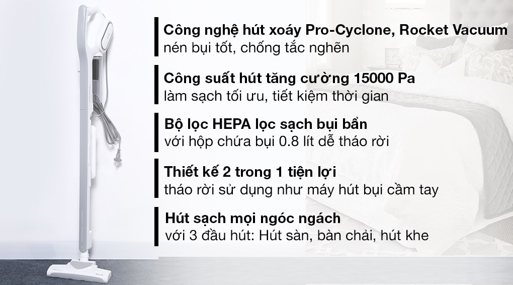 Máy hút bụi cầm tay Deerma DX700 thiết kế 2 trong 1, công suất 600W, lực hút mạnh 15000 Pa