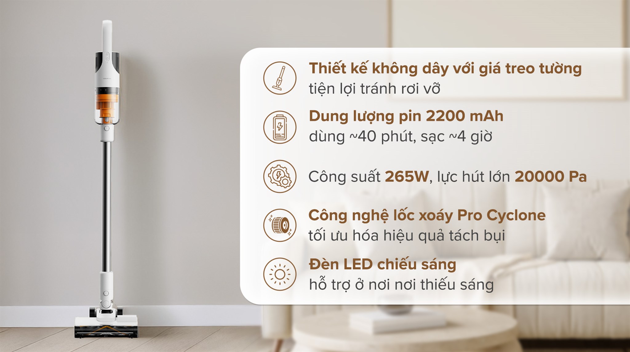 Máy hút bụi cầm tay Deerma VCAD11A không dây, lực hút 20000 Pa, pin 40 phút, thiết kế hiện đại