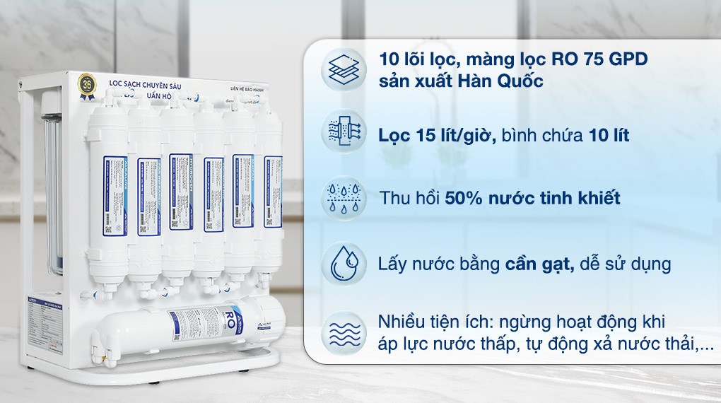 Máy lọc nước RO Hòa Phát HWU1A 1022 10 lõi lắp âm, lọc 15L/giờ, bổ sung khoáng và cân bằng pH