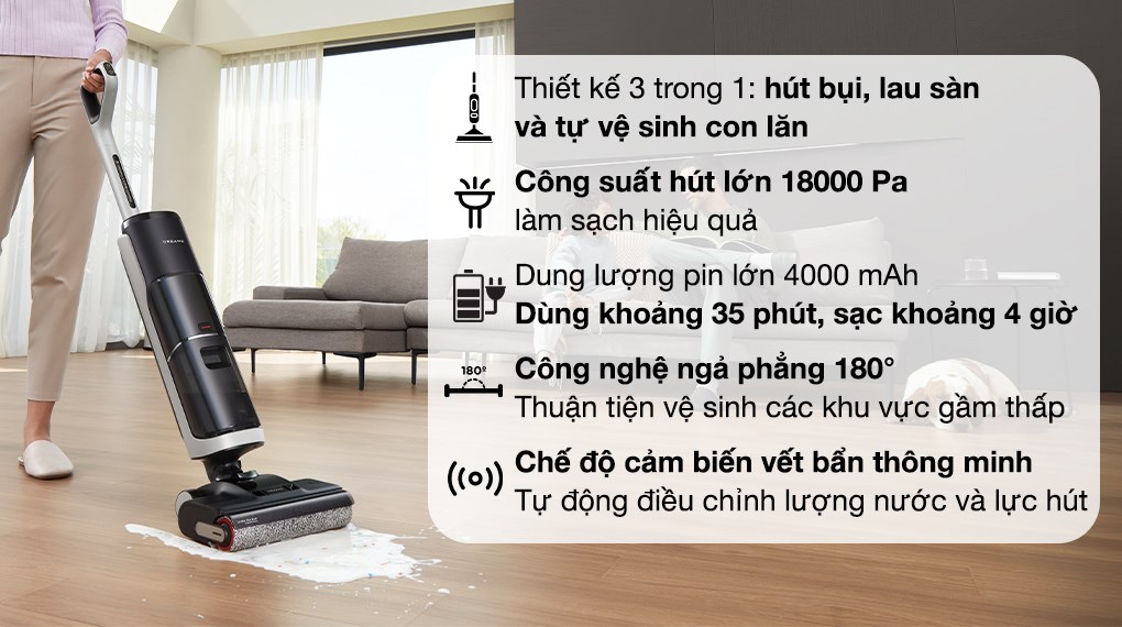 Máy hút bụi lau nhà Dreame H14 ngả phẳng 180 độ, lực hút 18000 Pa, giặt cuộn lăn bằng nước nóng và sấy khô khí nóng