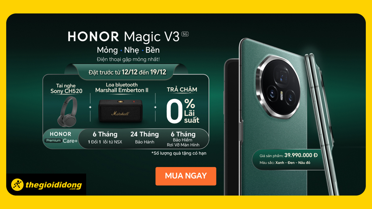 Nhận ngay loa Marshall Emberton II, tai nghe Sony CH520 cùng gói bảo hành HONOR Premium Care+ khi đặt trước HONOR Magic V3