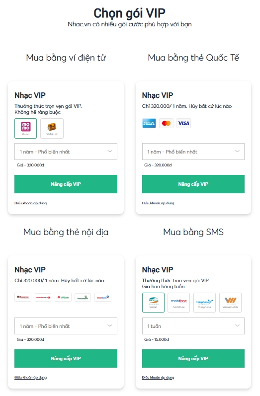 Các gói VIP của Nhac.vn