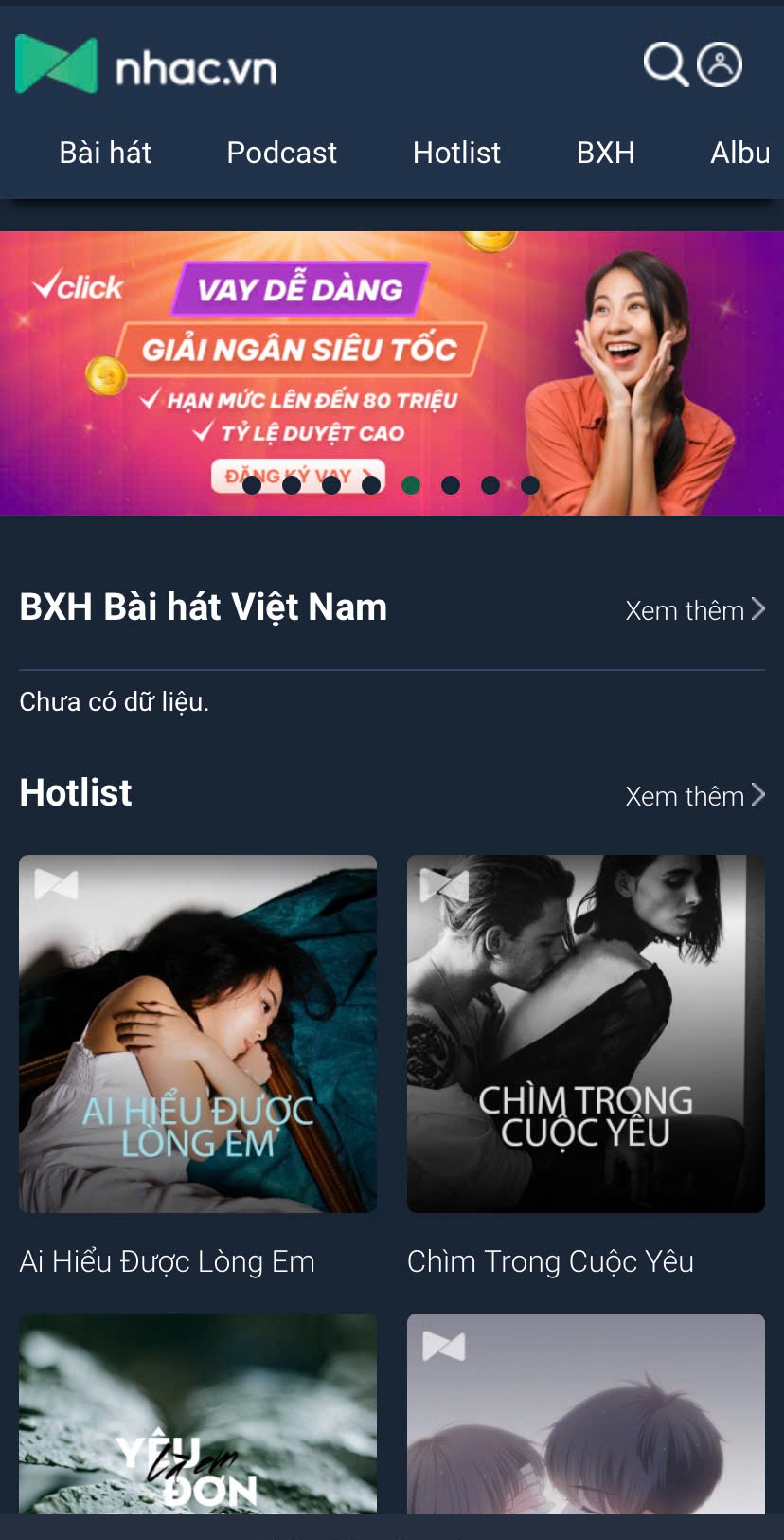 Giao diện Nhac.vn trên trình duyệt điện thoại