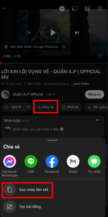 Sao chép liên kết YouTube