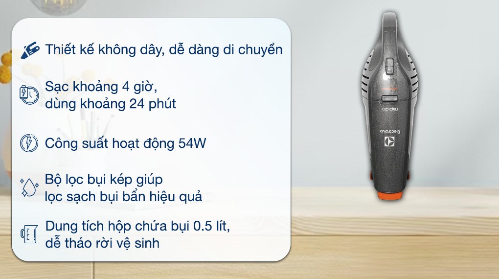 Máy hút bụi cầm tay Electrolux ZB6214IGM nhỏ gọn, thích hợp vệ sinh xe hơi và không gian hẹp