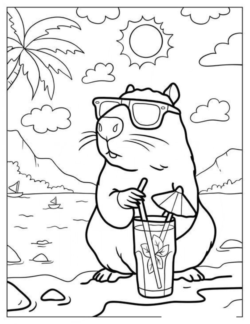 Tranh tô màu capybara dễ thương số 2