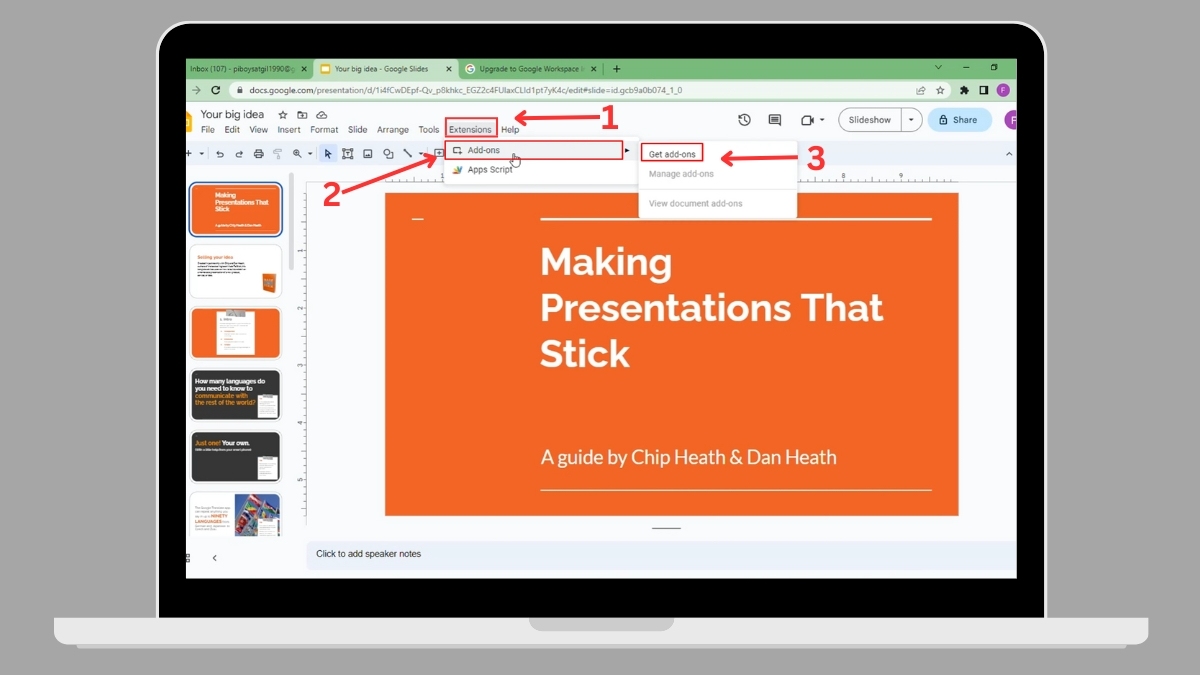 Mở file Google Slides, sau đó vào menu Extension (Tiện ích mở rộng), chọn Add-ons (Tiện ích bổ sung), rồi nhấp vào Get add-ons (Tải tiện ích bổ sung).