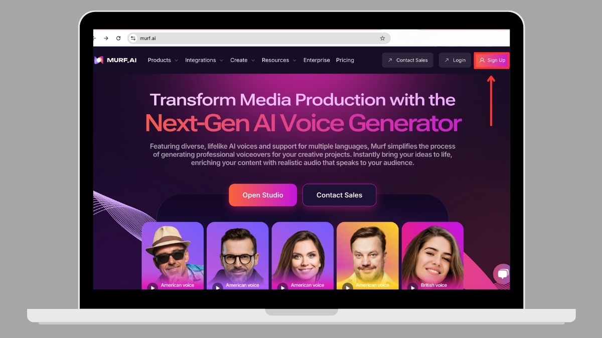 Truy cập vào website chính thức của Murf AI tại đây. Sau đó, nhấn vào mục Sign Up để tạo mới tài khoản.