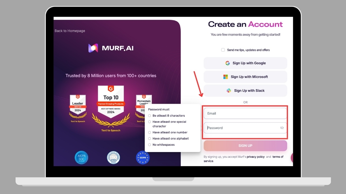 Bạn nhập địa chỉ email và mật khẩu bạn muốn dùng cho tài khoản Murf AI.