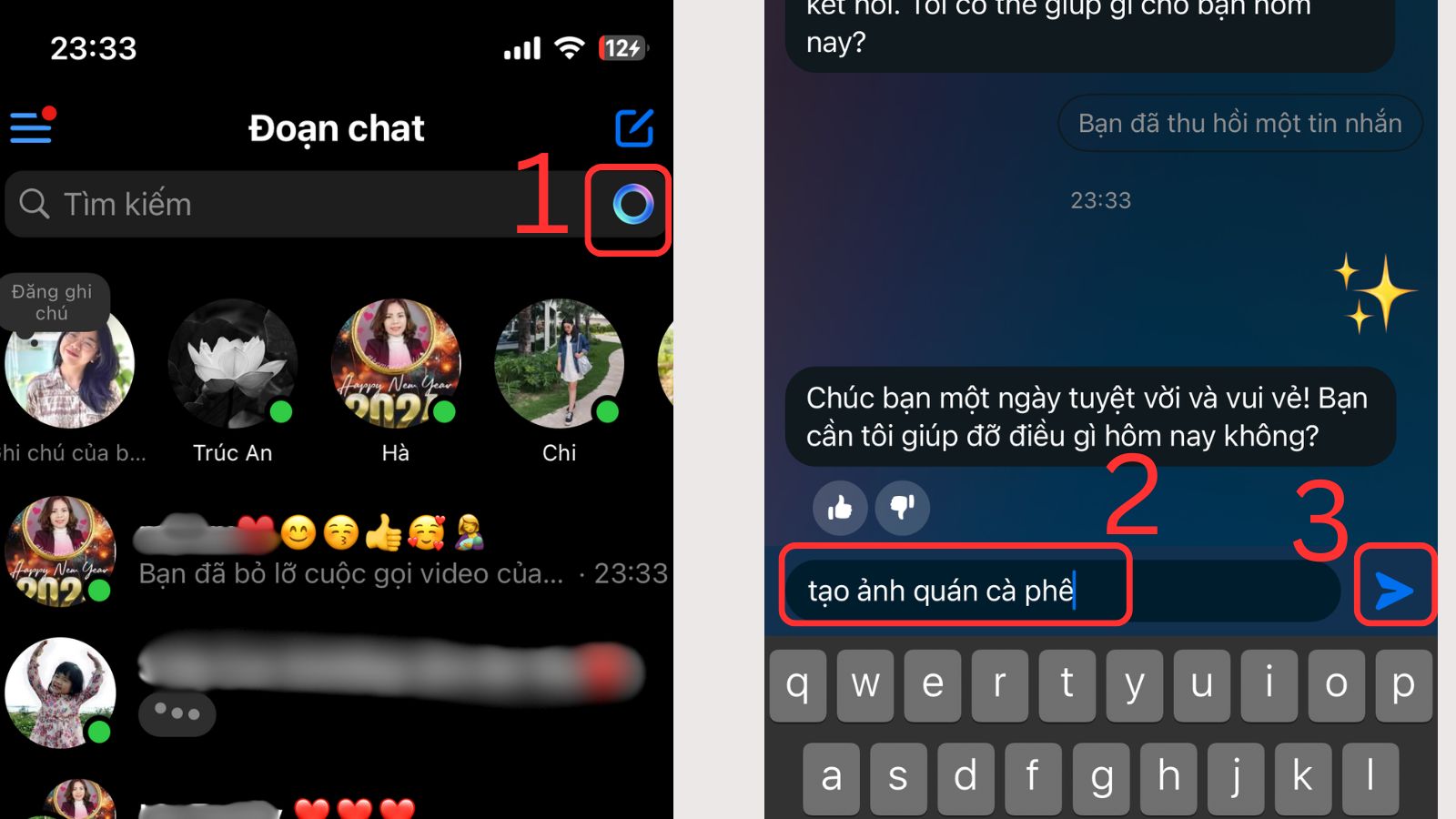 Vào thanh tìm kiếm > chọn biểu tượng với Meta AI Vào thanh tìm kiếm > chọn biểu tượng với Meta AI