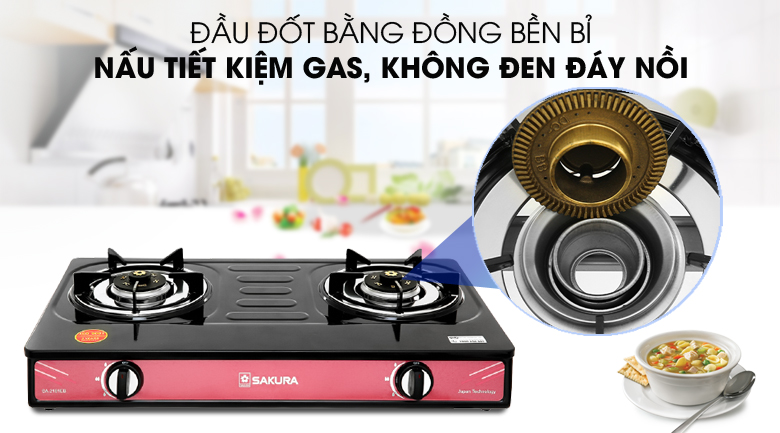 Bếp ga đôi Sakura SA-2181EB màu đỏ đen, đầu đốt đồng, ống điếu inox 304, kiềng thép 5 chân chắc chắn