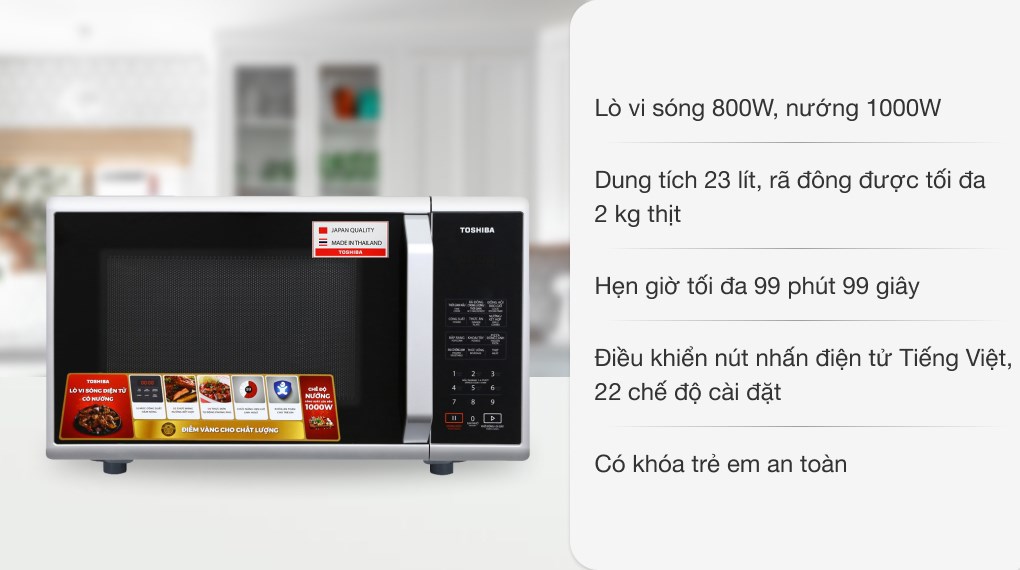 Lò vi sóng có nướng Toshiba ER-SGS23(S1)VN 23 lít đa chức năng: nấu, hâm nóng, rã đông, nướng, với công suất vi sóng 800W, công suất nướng 1000W nấu nhanh, tiện dụng