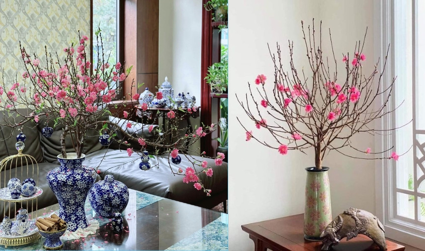 Cắm hoa đào bình thấp đơn giản